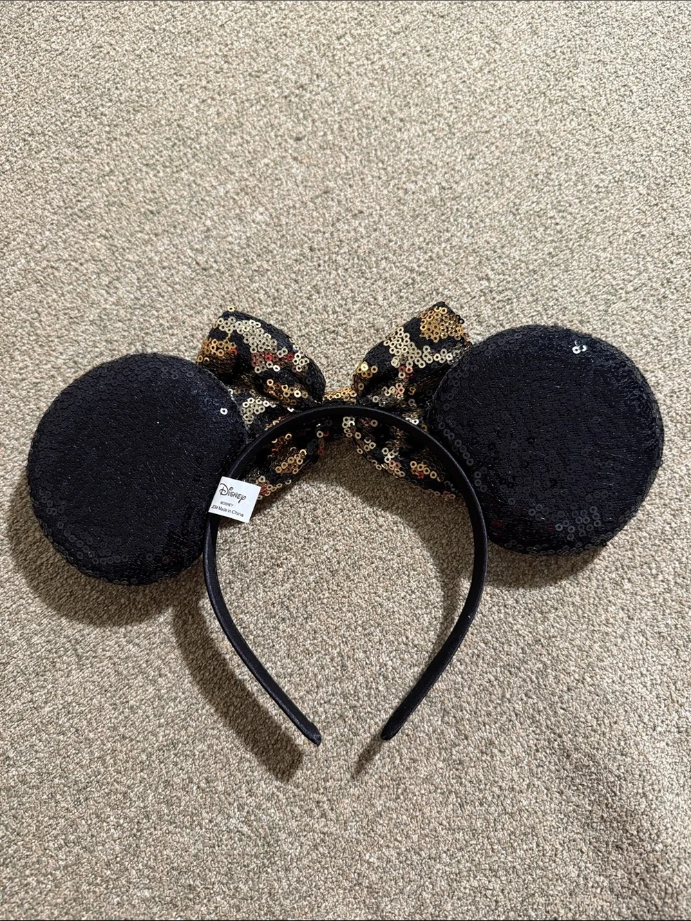 Disney Black Sequin Minnie Ears Headband with Gold Leopard Bow